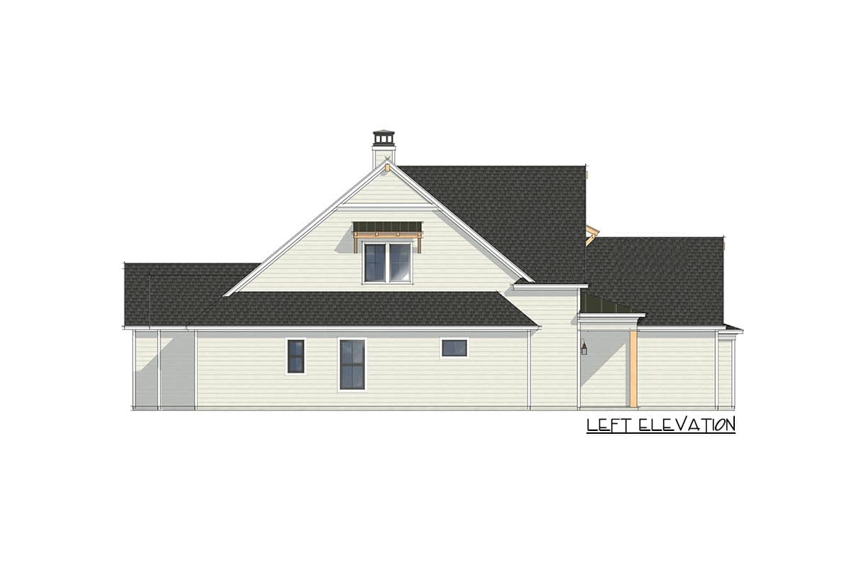 Left elevation house plan drawing showing a gabled roof, dormer window with awning, and a chimney.