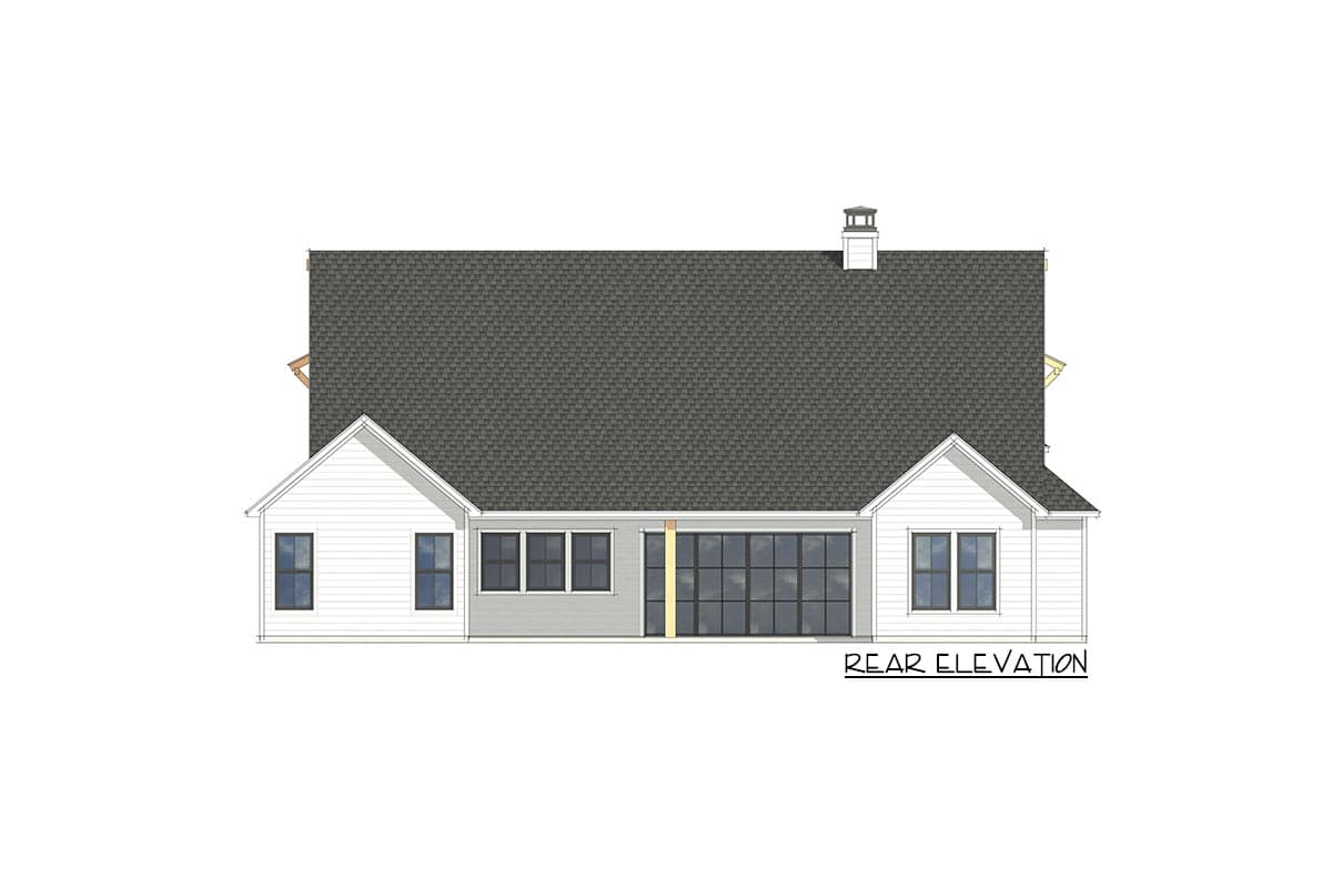 Rear elevation drawing of a two-story house plan with gables, a prominent roofline, and a large glass-paneled section.