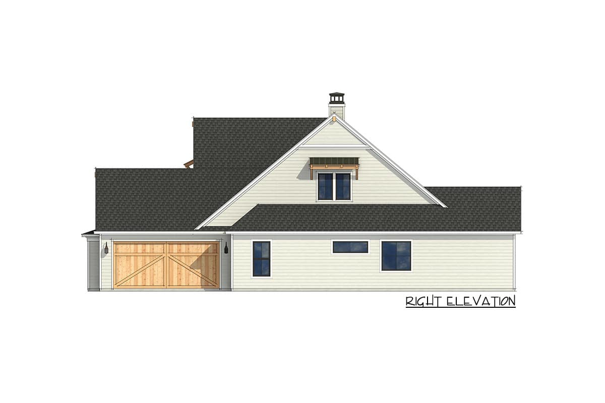 Right elevation of a house plan showing a side-gabled roof, dormer, chimney, and a wood barn-style garage door.