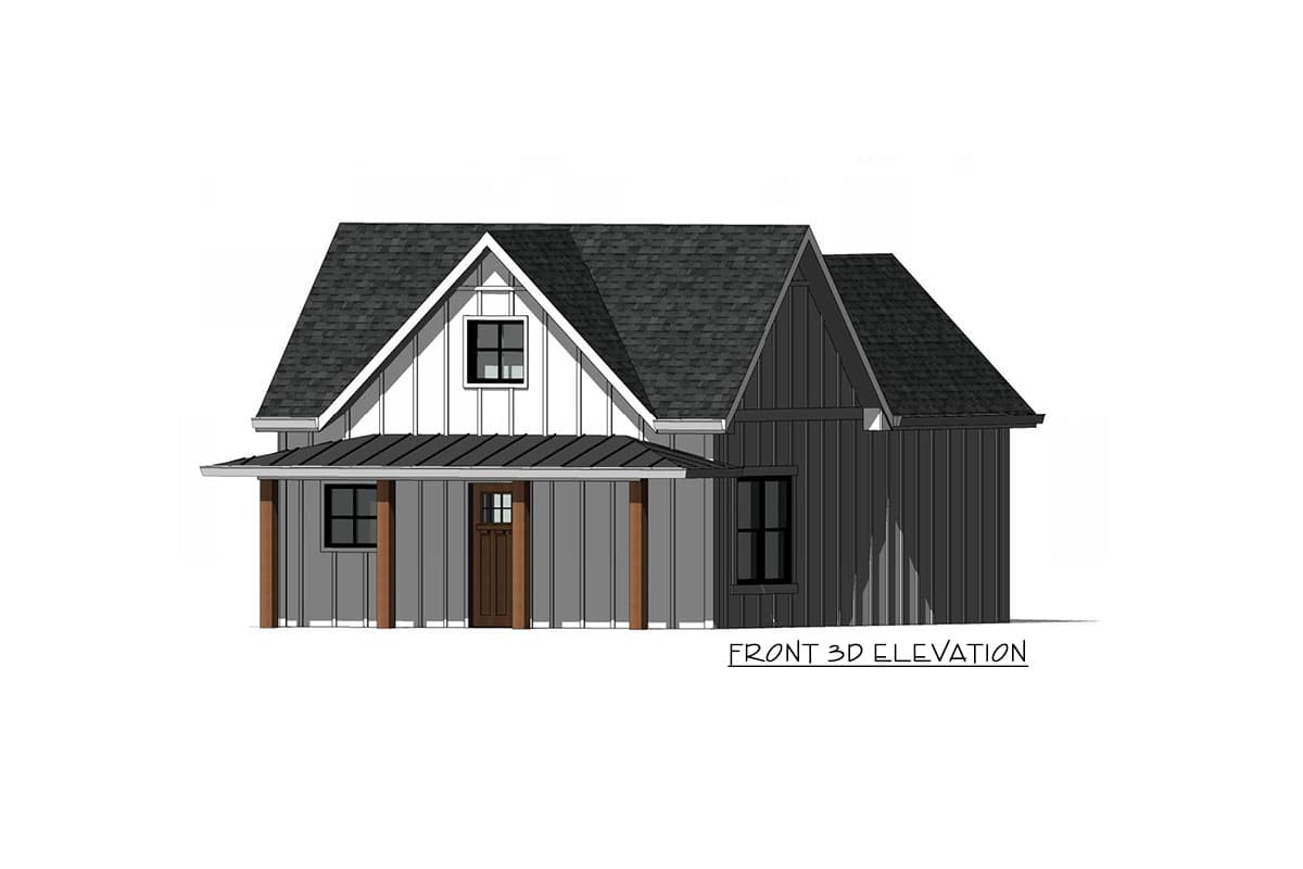 Front 3D elevation of a Modern Farmhouse style house plan with a covered porch, gable roof, and board and batten siding.