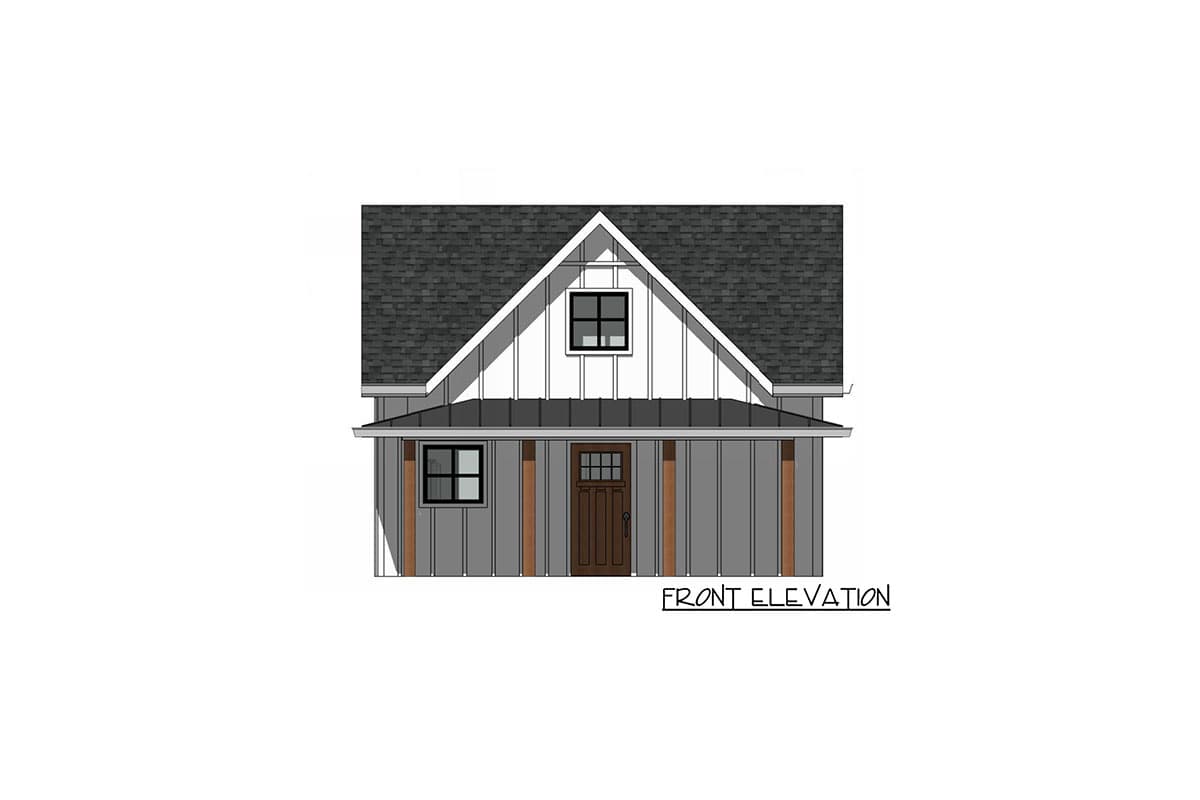 Front elevation of a house plan showing a front-gabled roof, porch with wood-trimmed columns, and a dormer window.