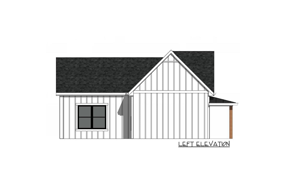 House plan, left elevation, features vertical siding, a gable, and a single window.
