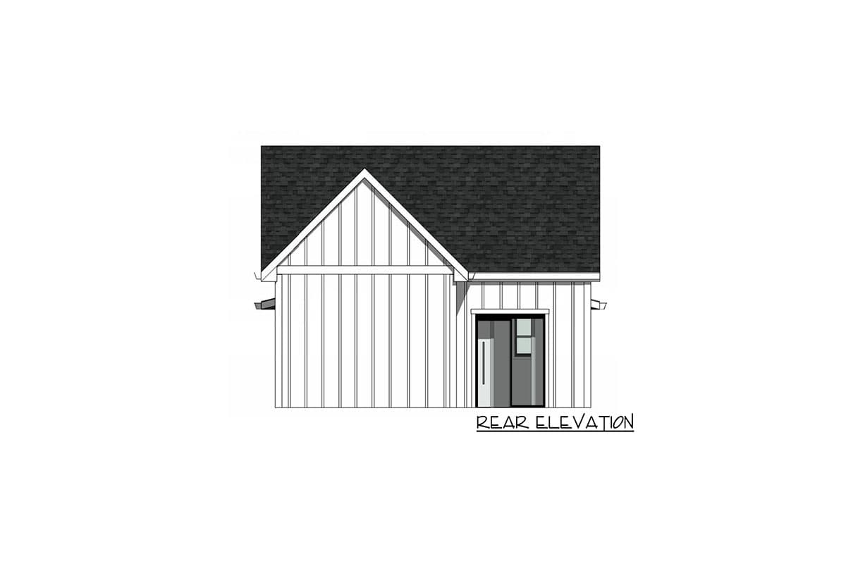 Rear elevation drawing of a house with vertical siding, gable roof, and a glass door.