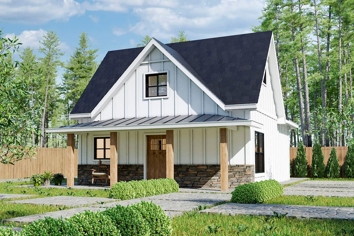 House plan exterior. Modern Farmhouse style with a single story, front porch, and gable roof. Stone accents and board and batten siding.