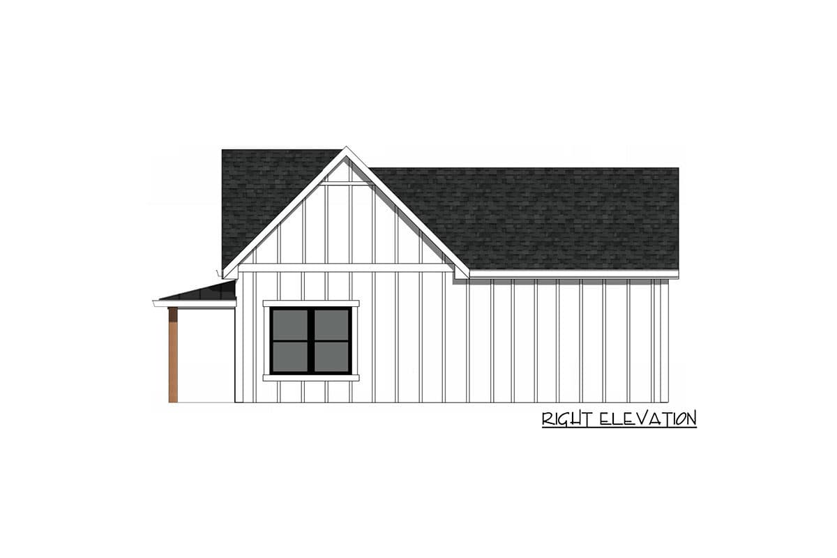 House plan right elevation drawing shows a Modern Farmhouse style with vertical siding, gables, and a single window.
