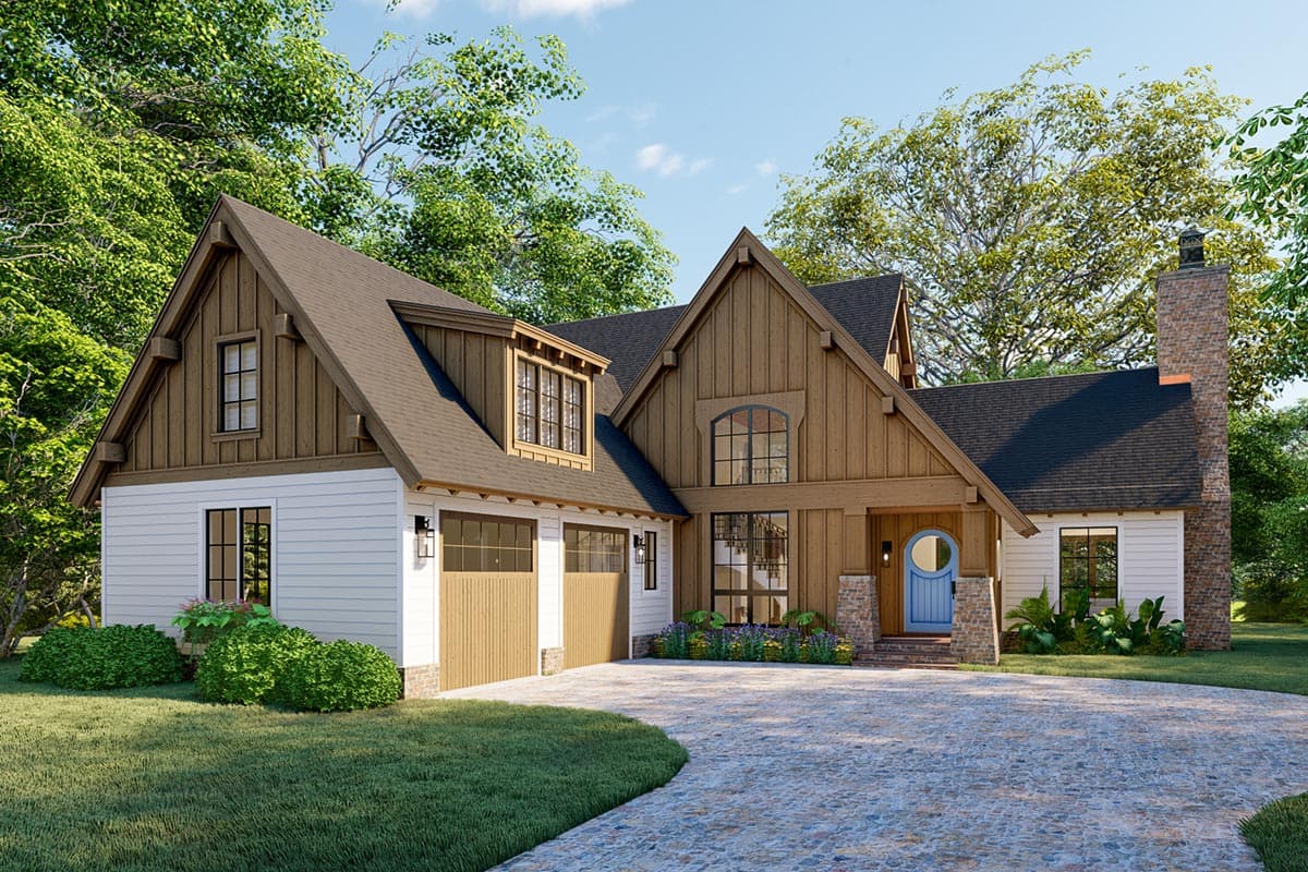 Modern Farmhouse style house plan exterior with two-car garage, gabled dormer, stone chimney, and arched entryway window.