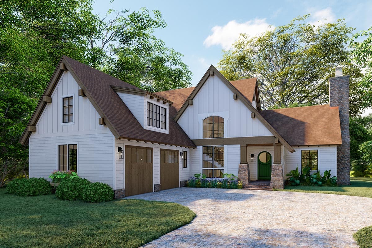 House plan exterior. Two-story Modern Farmhouse with gables, a covered porch, and a stone chimney. Features include a garage and dormers.