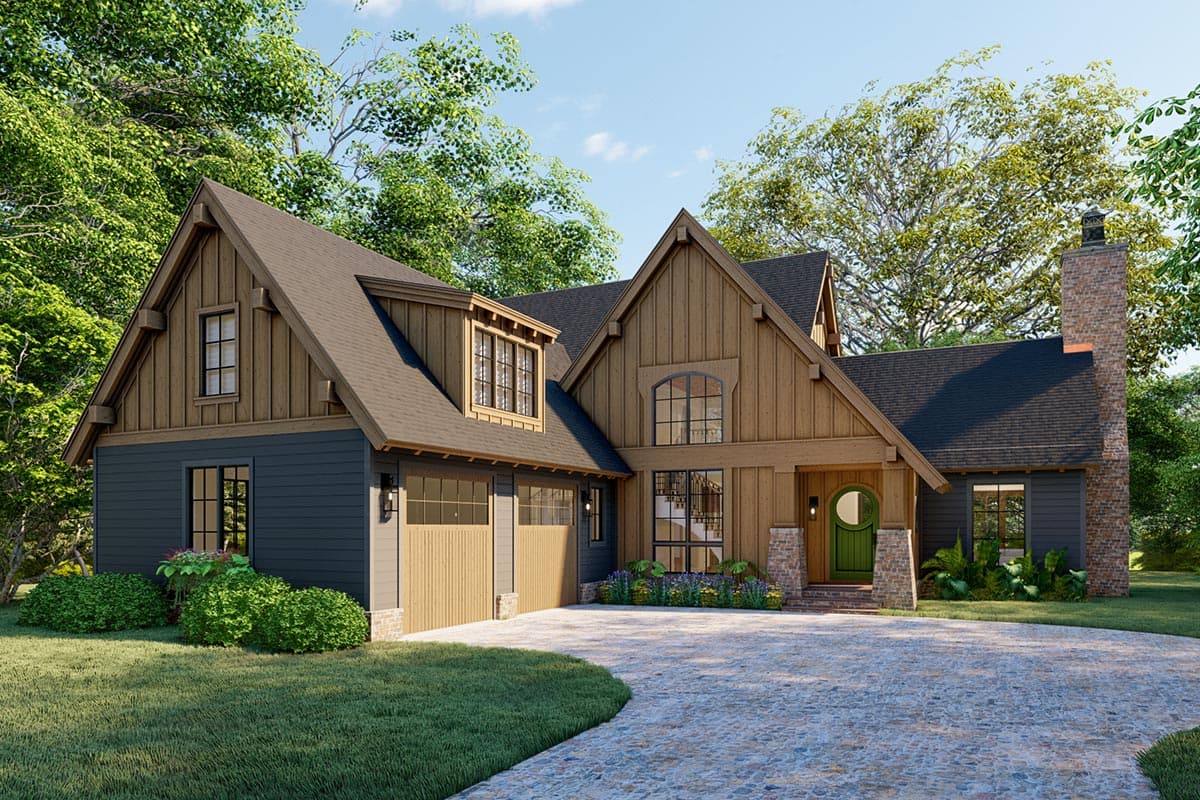 Craftsman style house plan exterior with wood siding, stone accents, prominent gables, dormer, and attached two-car garage.