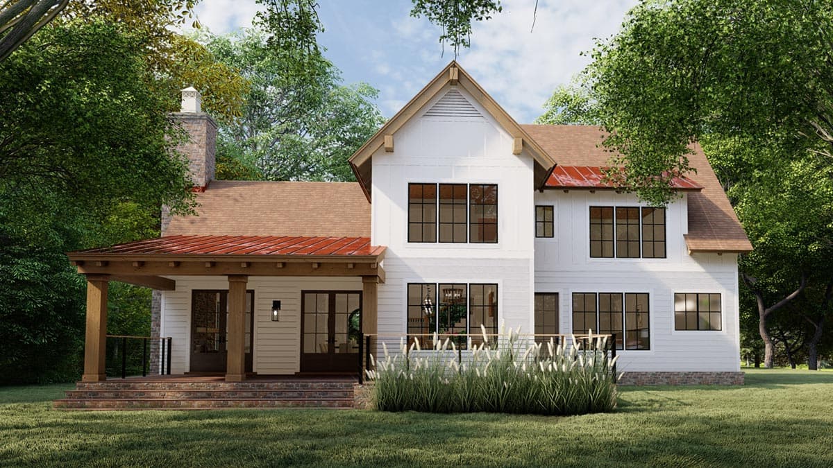 House plan exterior: Two-story Modern Farmhouse with stone chimney, covered porch, and red metal roof.