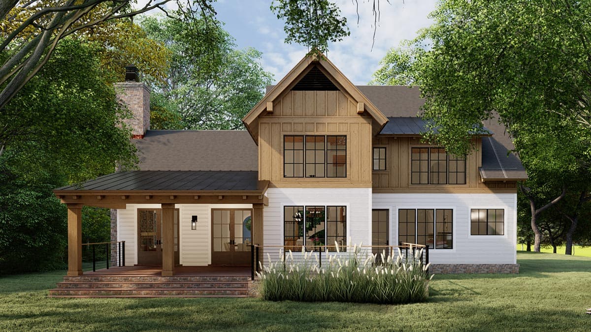 House plan exterior: Two-story Modern Farmhouse with a covered porch, gabled dormers, and a brick chimney.