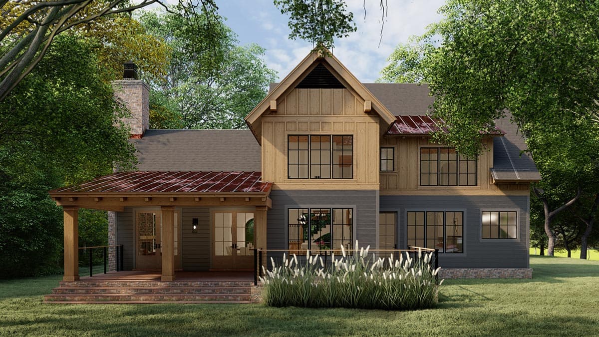 House plan exterior: Modern Farmhouse style with a covered porch, gabled dormers, and wood and stone accents.
