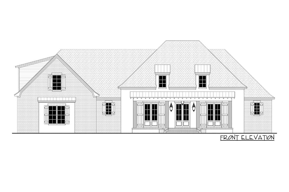 Front elevation house plan with brick exterior, gabled dormers, and covered porch with columns.