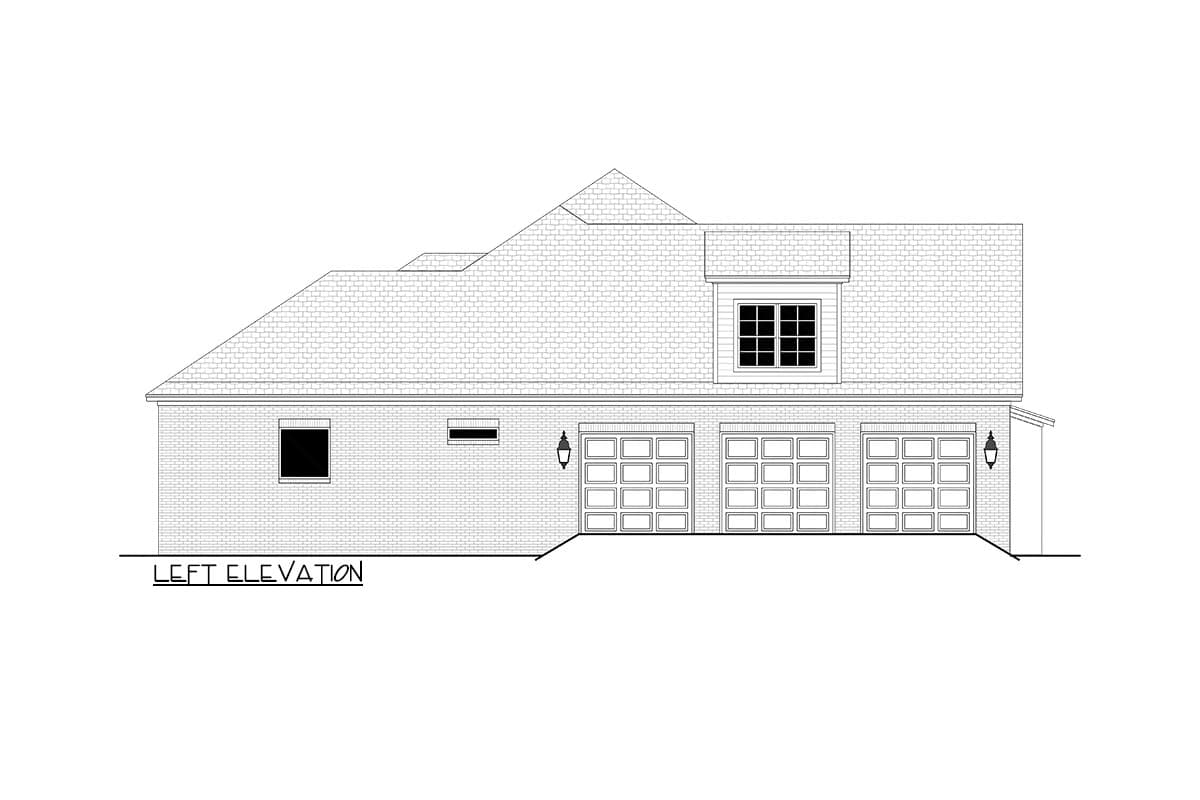 Left elevation of a house plan featuring a prominent dormer with a multi-pane window and a three-car garage.