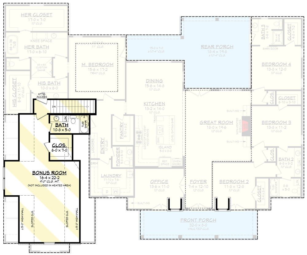 Plan 51915HZ: 4-Bedroom Modern French Country House Plan with Home Office and Bonus Room - 3106 Sq Ft - Floor Plan - Optionally Finished Bonus - Acadian, Country, European, French Country, Louisiana-Style, Modern Farmhouse, New American, Traditional, Transitional