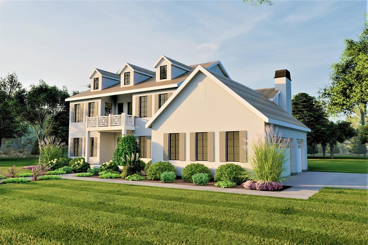 Two-story house plan exterior with dormer windows, a second-story balcony, and attached garage.