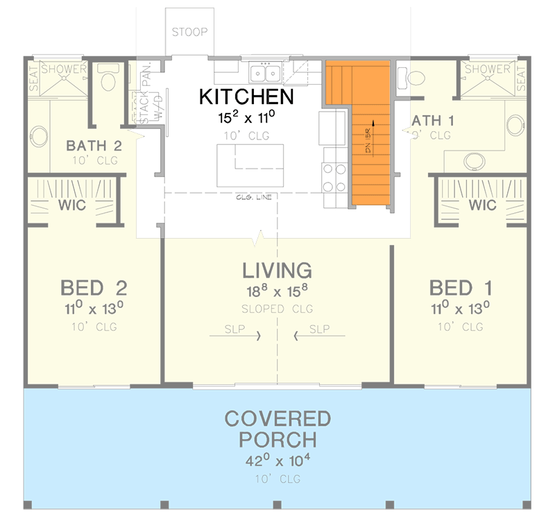 Plan 31171D: 2-Bed Rustic Cabin with 10'-Deep Front Porch - Floor Plan - Basement Stairs Location - Cabin, Cottage, Country, Craftsman, Rustic, Vacation