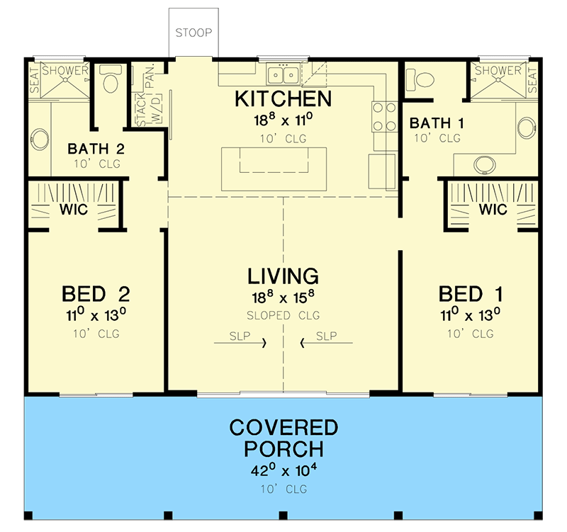 Plan 31171D: 2-Bed Rustic Cabin with 10'-Deep Front Porch - Floor Plan - Main Level - Cabin, Cottage, Country, Craftsman, Rustic, Vacation