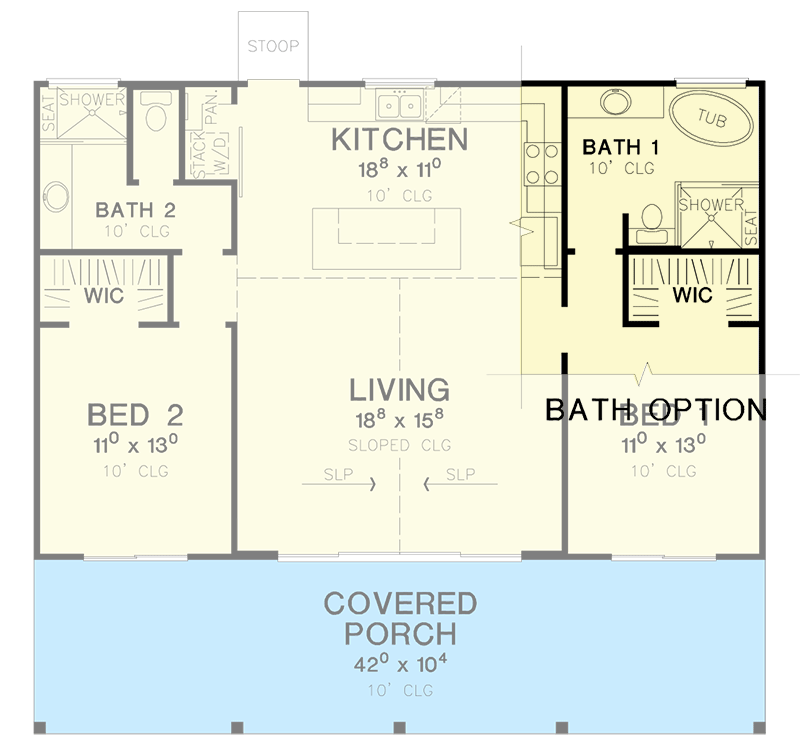 Plan 31171D: 2-Bed Rustic Cabin with 10'-Deep Front Porch - Floor Plan - Bathroom Option - Cabin, Cottage, Country, Craftsman, Rustic, Vacation