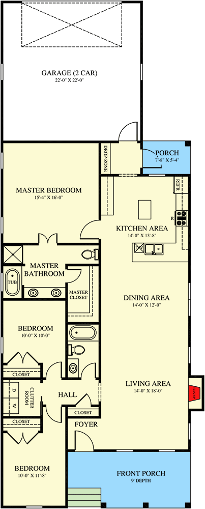 Plan 521015TTL: 3 Bed Cottage Just 33 Feet Wide - Floor Plan - Main Level - Cottage, Country, Southern