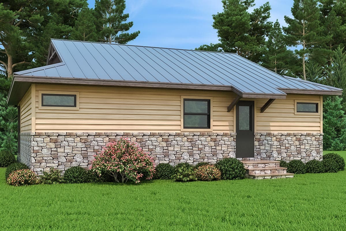 House plan exterior: Single-story home with stone base, horizontal siding, metal roof, and a simple gable over the front door.