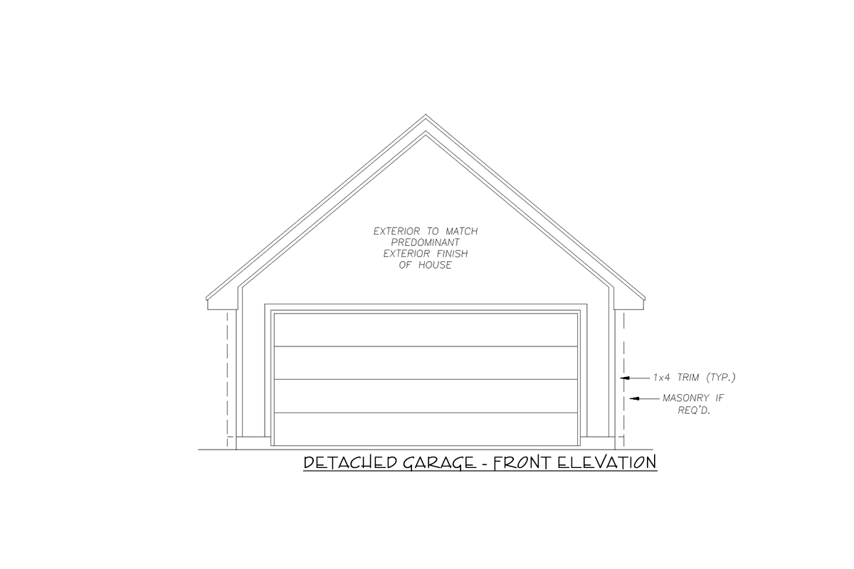 Detached garage front elevation drawing showing a gable roof, sectional garage door, and trim details.