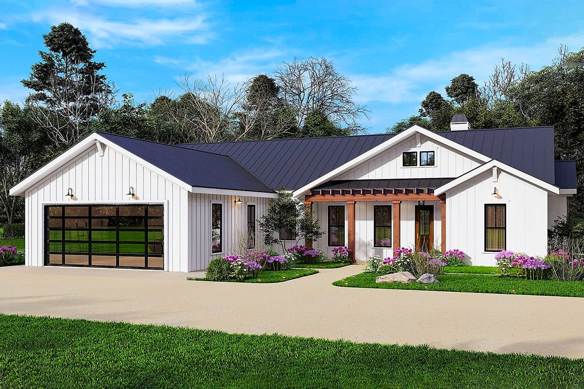 House plan exterior. Modern Farmhouse style, single story, with a pergola, gabled roof, and glass garage door.