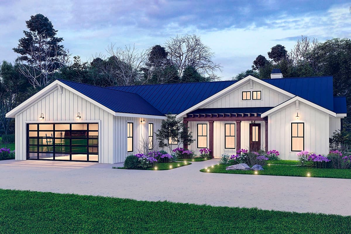 Modern Farmhouse house plan exterior: single-story, white board-and-batten siding, dark metal roof, glass garage door, front porch with pergola.