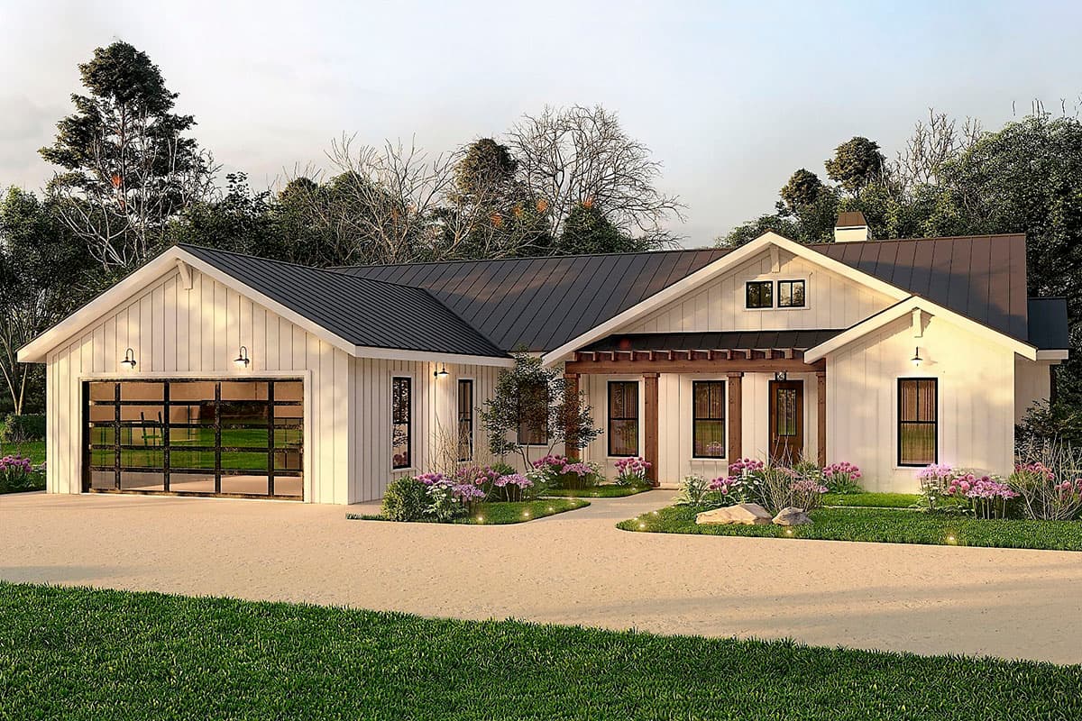 Modern farmhouse house plan exterior with board and batten siding, black metal roof, covered entry, and glass garage door.