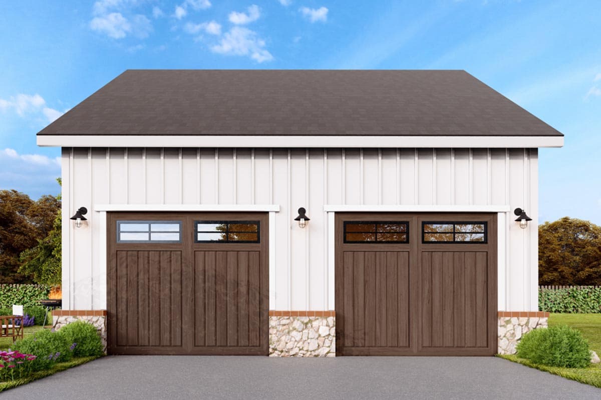 House plan exterior. Two-car garage with board-and-batten siding, gable roof, and paneled garage doors with upper windows.