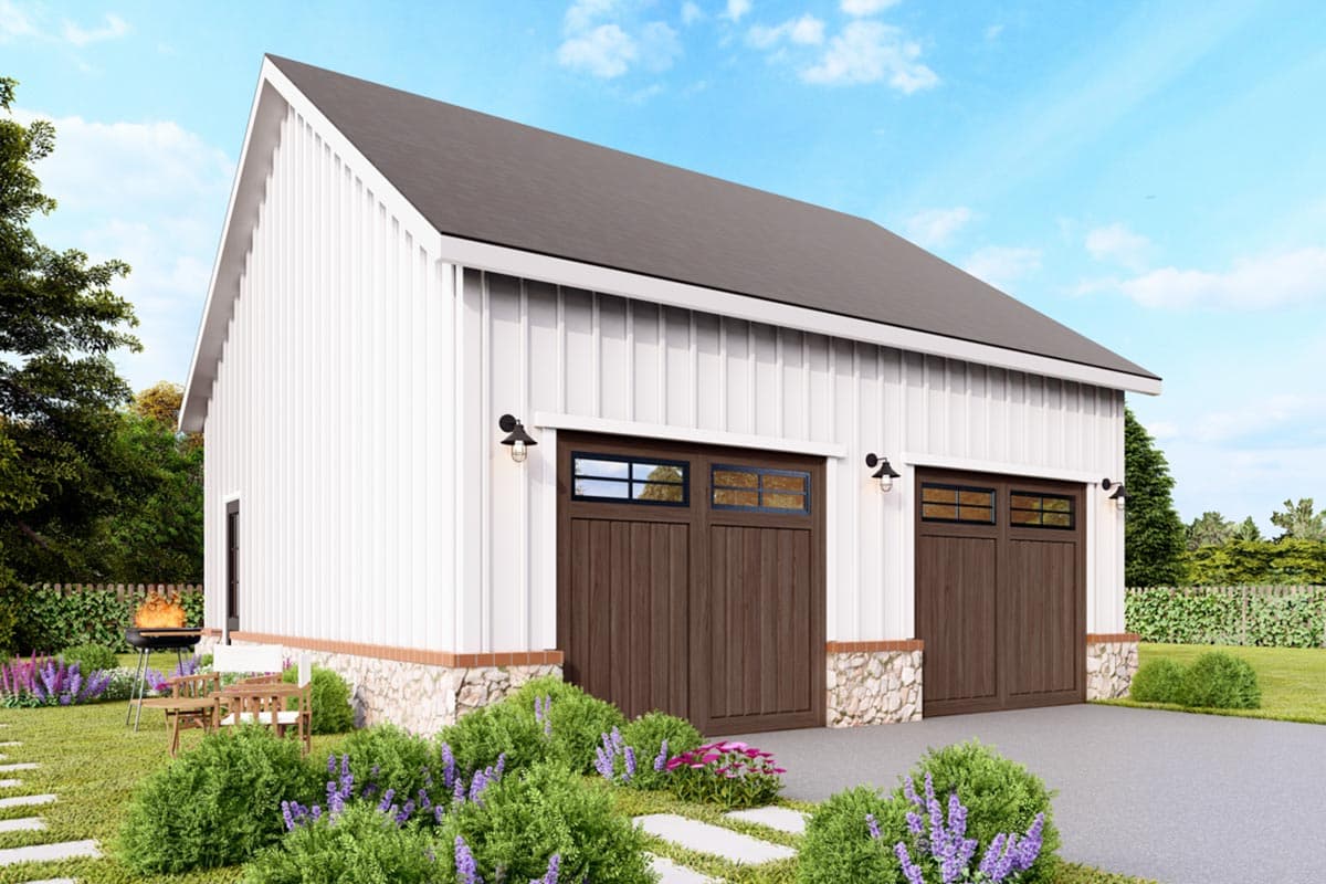 Modern Farmhouse house plan exterior with white vertical siding, stone foundation, and two dark wood garage doors.