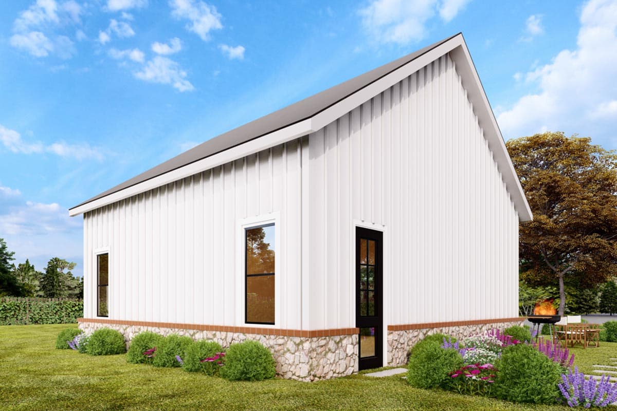 Modern farmhouse style house plan exterior with white vertical siding, stone wainscoting, and a gabled roof.
