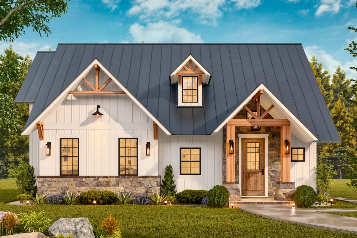 Modern Farmhouse house plan exterior with board and batten siding, gables, and a dormer. Features a covered entry and stone accents.