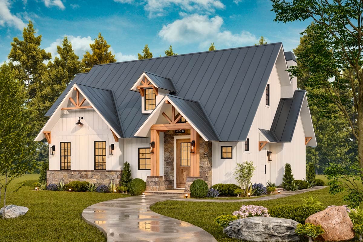 Modern Farmhouse house plan exterior with gables, dormers, metal roof, stone and board and batten siding.