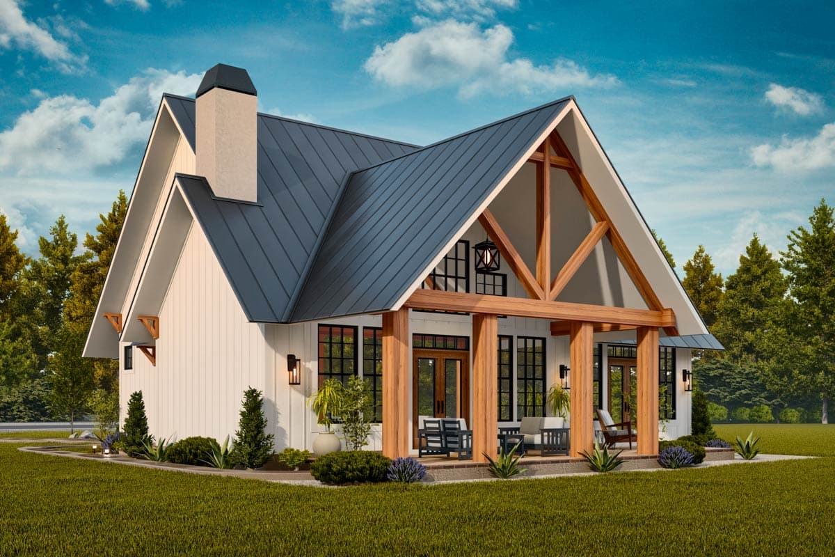 Modern Farmhouse house plan exterior with prominent gables, metal roof, large chimney, and exposed timber framing on the porch.