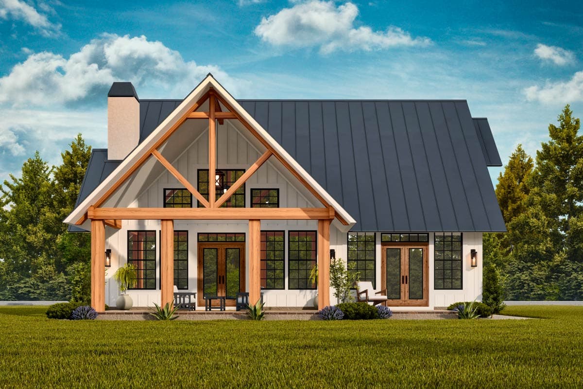 Modern Farmhouse house plan exterior with a prominent gable, exposed wooden beams, covered porch, and large windows.