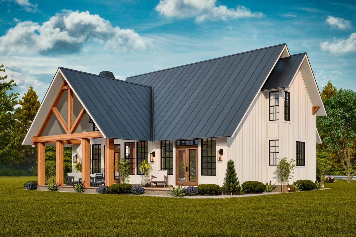 Modern Farmhouse house plan exterior with gabled roof, prominent timber framing on porch, and board and batten siding.