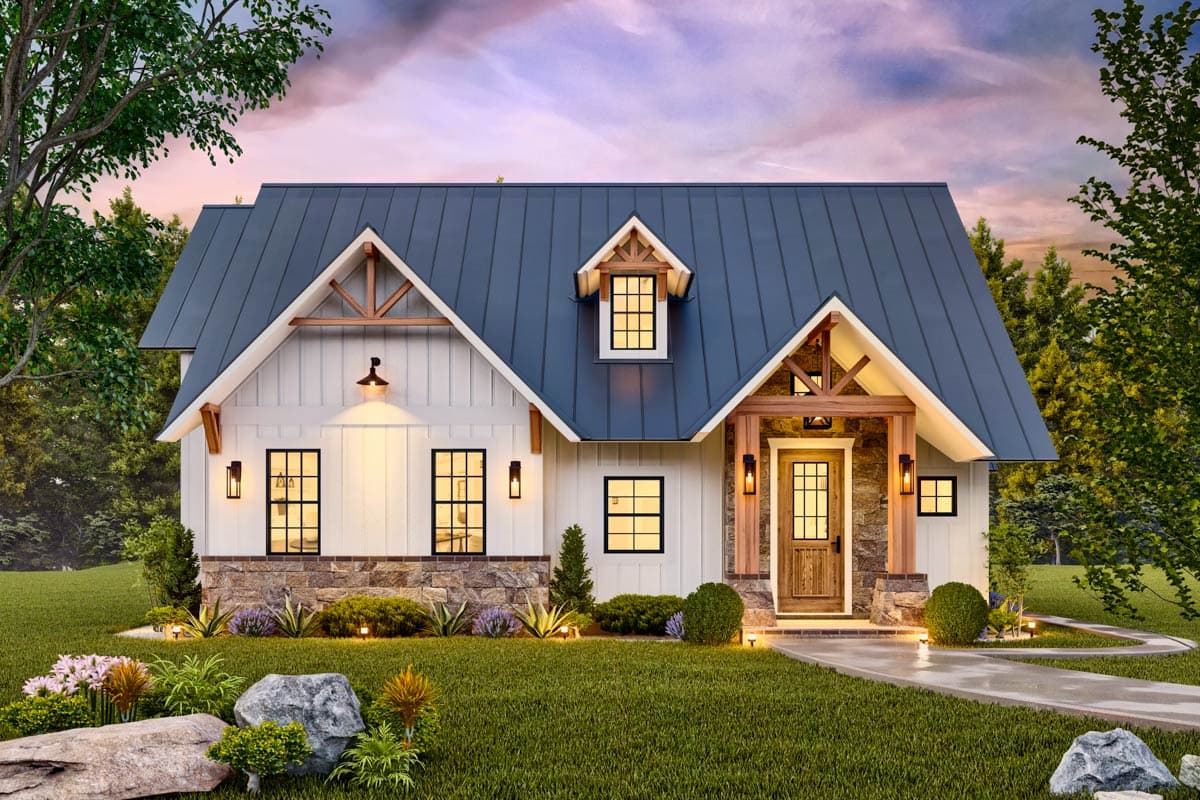 Modern Farmhouse house plan exterior with white siding, stone base, metal roof, gabled dormer, and covered entry.