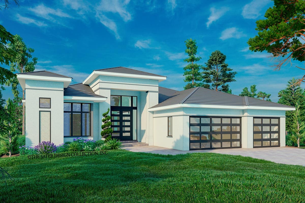 Modern house plan exterior with a two-car garage, flat rooflines, and large glass-paneled garage doors.