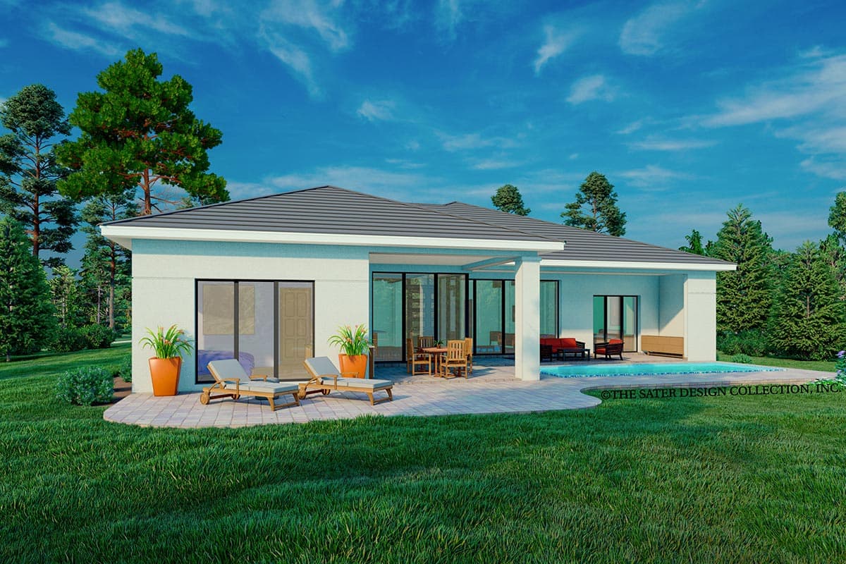 Modern house plan exterior with a low-pitch hip roof, stucco finish, and large sliding glass doors opening to a patio and pool.
