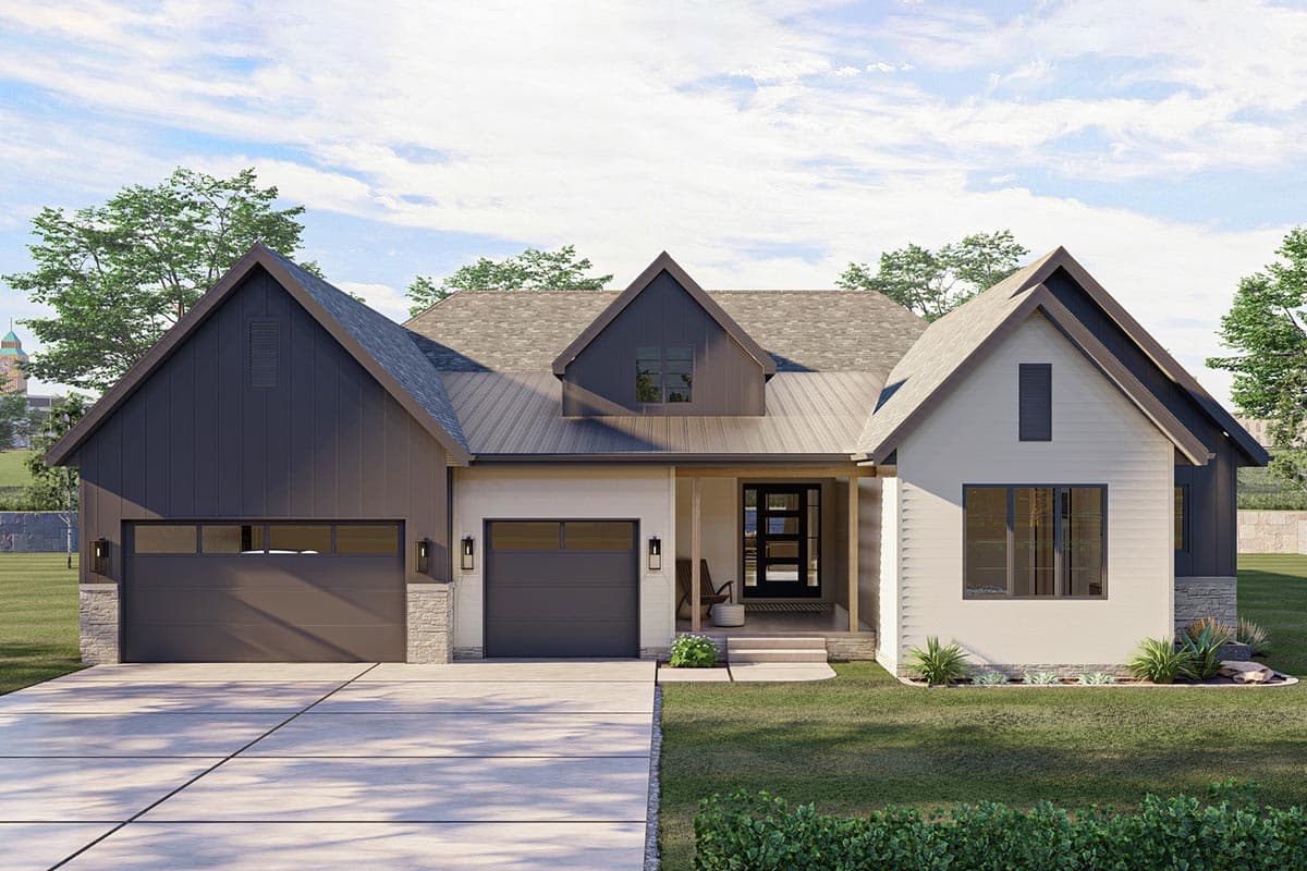 House plan exterior with modern farmhouse style. Features include multiple gables, covered porch, and attached garage. One story home.