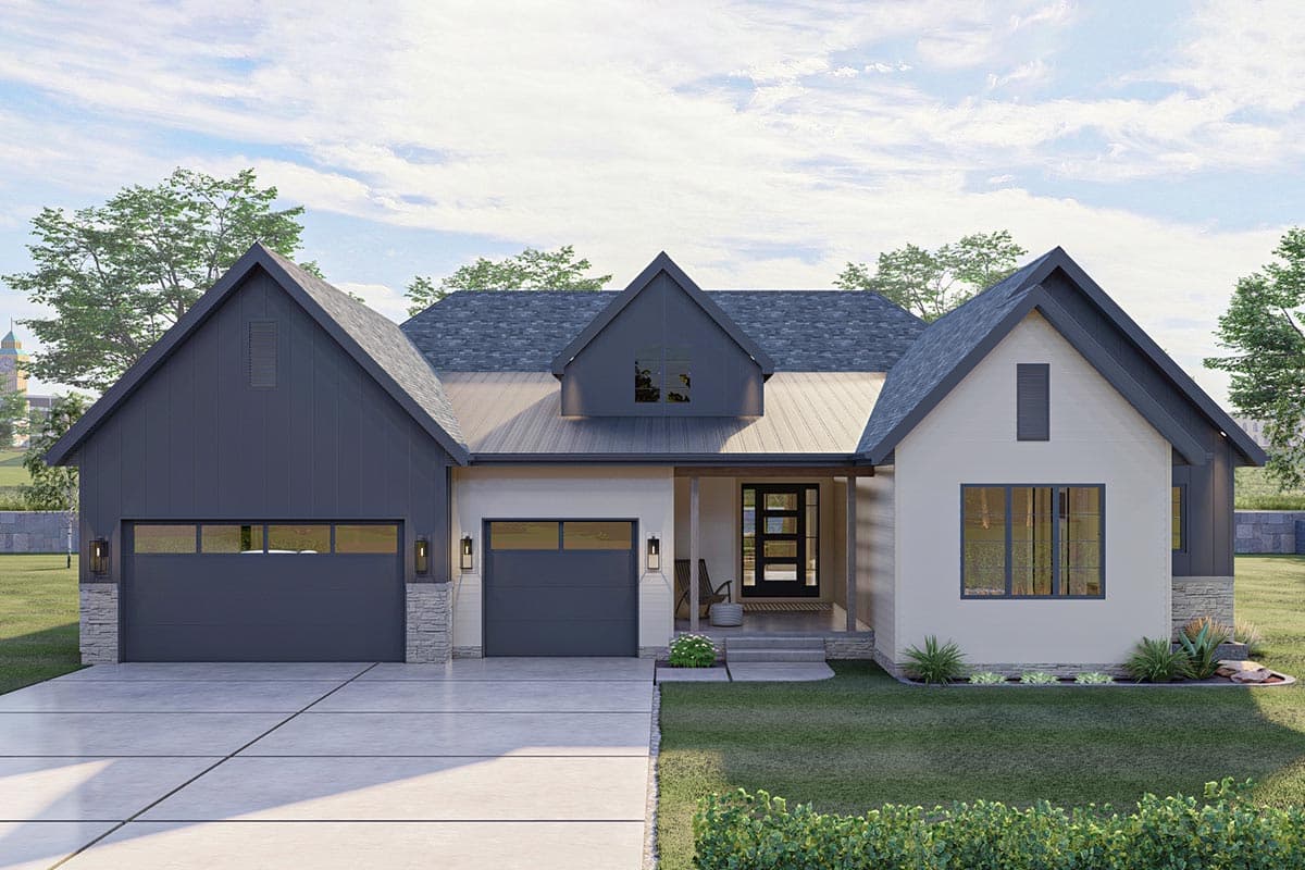 Modern Farmhouse style house plan exterior with a prominent gable roof, metal roof, two-car garage, and covered front entry.
