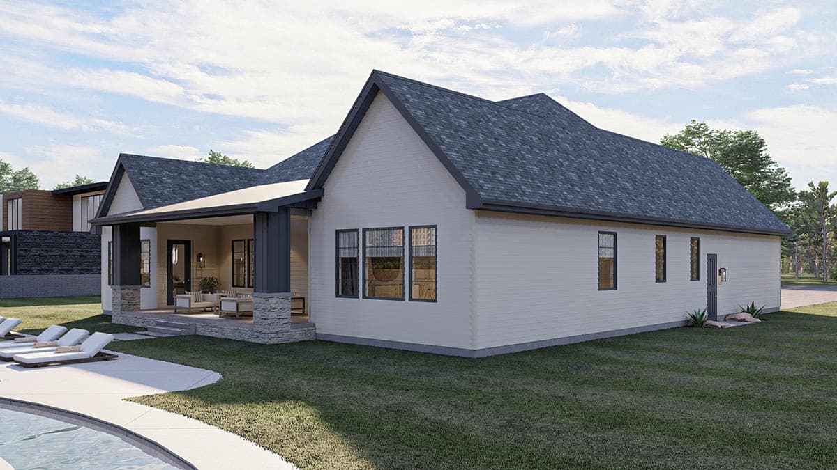 House plan exterior rendering: Modern style, single-story home with gabled roof, covered porch, and stone accents.