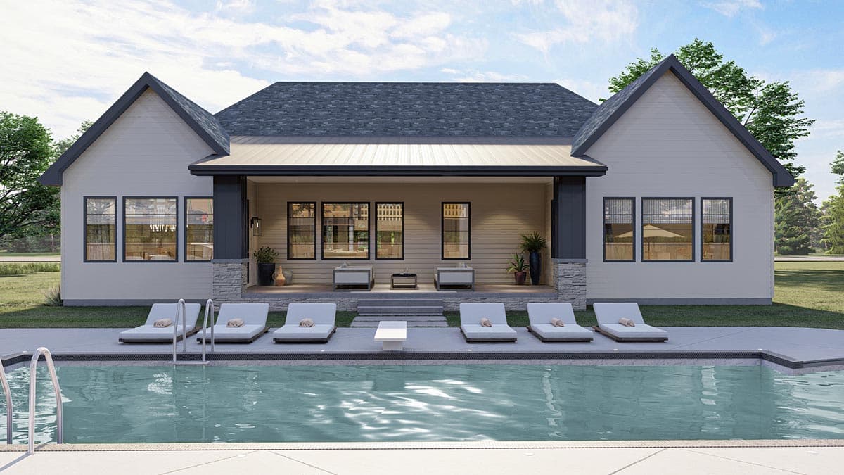 Modern Farmhouse house plan exterior with gabled roofs, a covered porch, and large windows overlooking a pool.