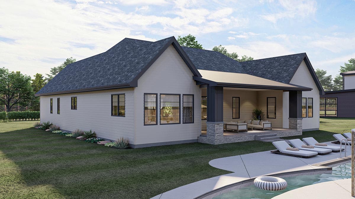 House plan exterior: single-story Modern Farmhouse with gables, covered porch with stone pillars, and large windows.