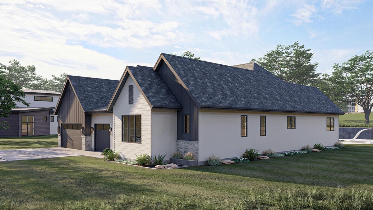 Modern farmhouse style house plan exterior with gabled roof, stone accent, and attached two-car garage.
