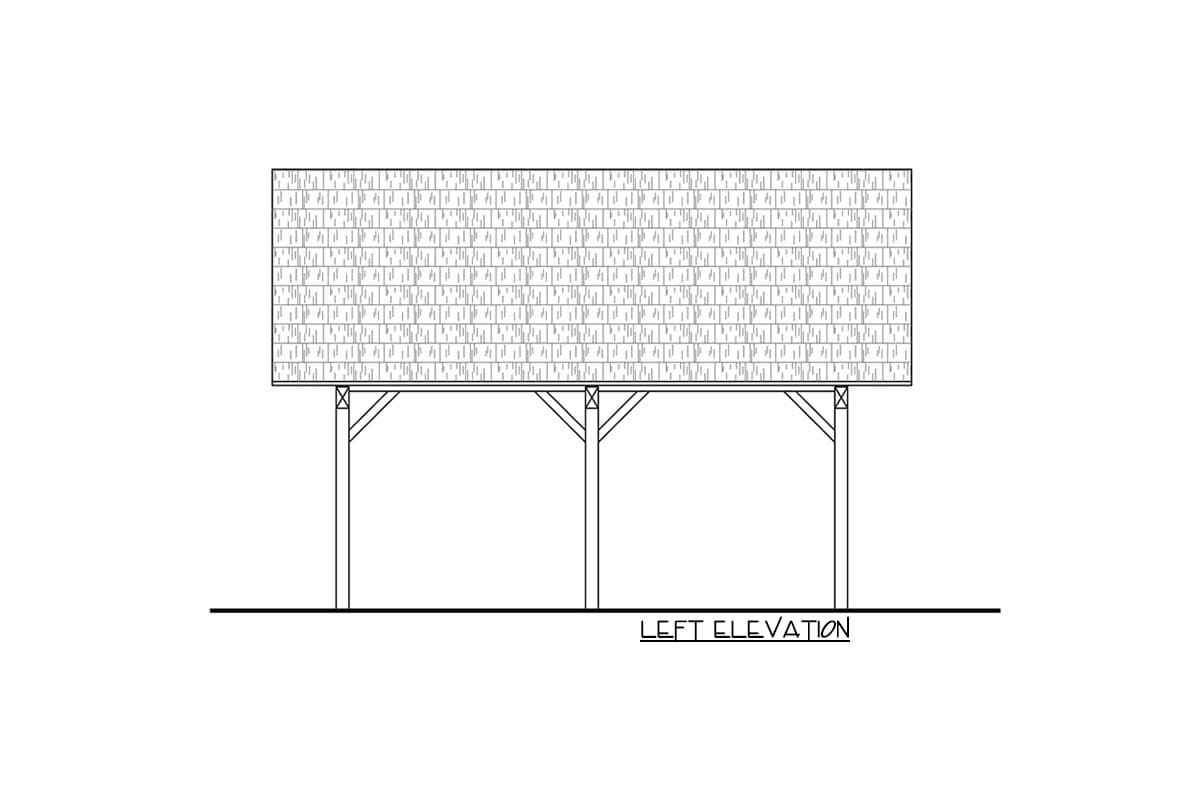 Left elevation drawing of a house plan showing a shingled hip roof supported by three angled posts.
