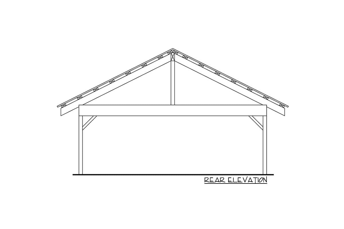 Rear elevation drawing of a house plan showing a gabled roof with visible rafters and a support beam.