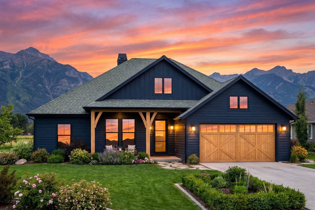 Modern Farmhouse house plan exterior with dark siding, gabled roof, covered porch with wood beams, and a carriage-style garage door.