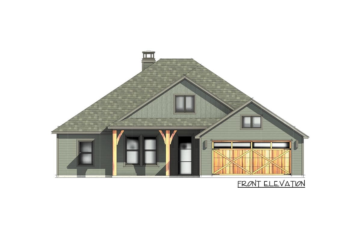 Front elevation of a one-story house plan with a prominent gable, covered porch with wood supports, and a detached garage with wooden doors.