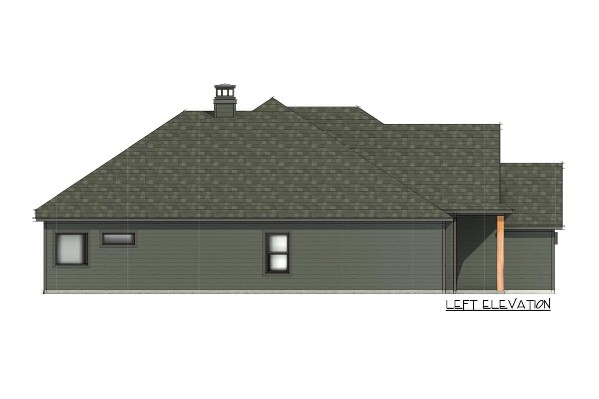 Left elevation of a house plan showing a multi-level roof, chimney, horizontal siding, and covered entry.